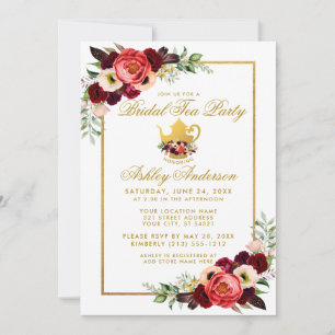 Möhippa Tea Party Burgundy Guld Boho Blommigt Inbjudningar