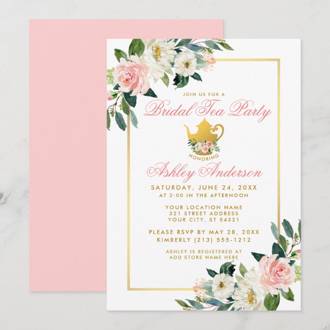Möhippa Tea Party Guld Rosa Blommigt Inbjudan (Fram/baksida)
