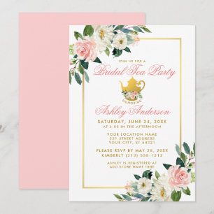 Möhippa Tea Party Guld Rosa Blommigt Inbjudan