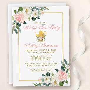 Möhippa Tea Party Guld Rosa Blommigt Inbjudan