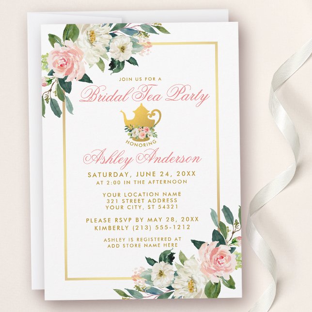 Möhippa Tea Party Guld Rosa Blommigt Inbjudan (Customize to change text color or text style.)