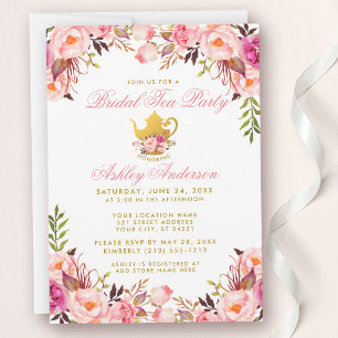 Möhippa Tea Party Guld Rosa Blommigt Inbjudningar