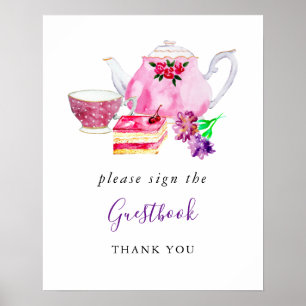 möhippa Tea Party Lila undertecknar Guestbook Poster