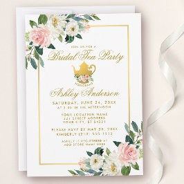 Möhippa Tea Party Rosa Blommigt Guld Inbjudan