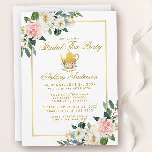 Möhippa Tea Party Rosa Blommigt Guld Inbjudan