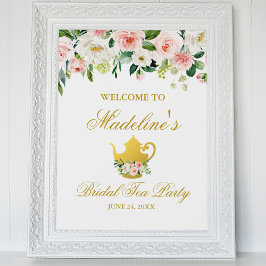Möhippa Tea Party Rosa Blommigt Guld Välkomsthälsn Poster