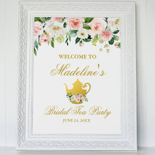 Möhippa Tea Party Rosa Blommigt Guld Välkomsthälsn Poster