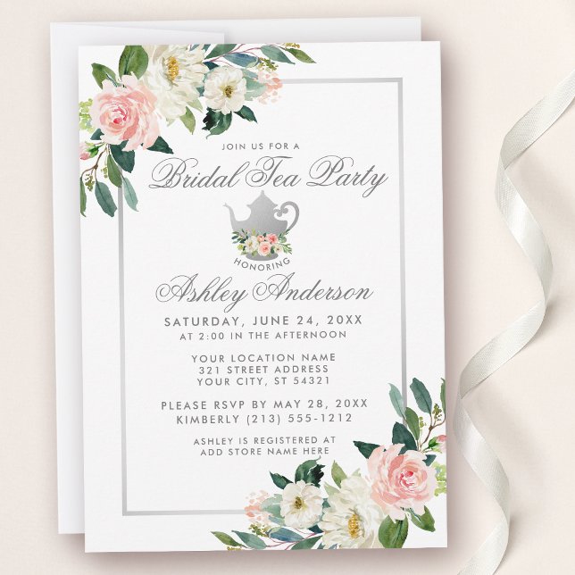 Möhippa Tea Party Rosa Blommigt Silver Inbjudan (Customize to change text color or text style.)