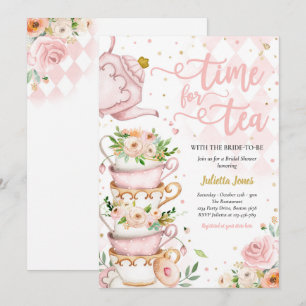 möhippa Tea Party Rosa och Guld Blommigt Inbjudningar
