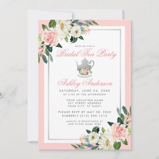Möhippa Tea Party Rosa Silver Blommigt Inbjudan vi (Framsida)