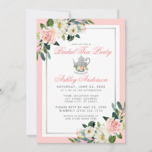 Möhippa Tea Party Rosa Silver Blommigt Inbjudan vi