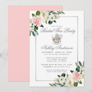Möhippa Tea Party Silver Rosa Blommigt Inbjudan
