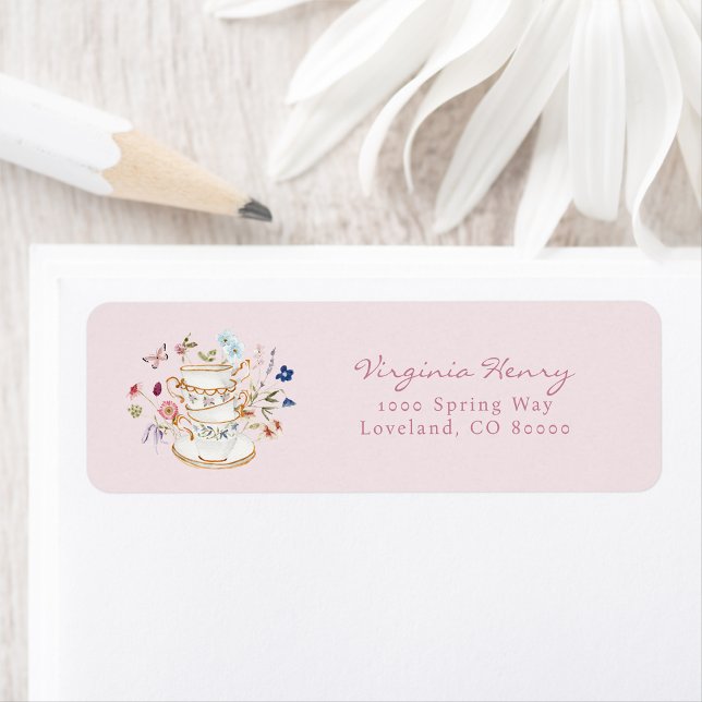 Möhippa Tea Return-adressetikett Returadress Etikett (Floral Pink Bridal Tea Return Address label by Painted Paperie)