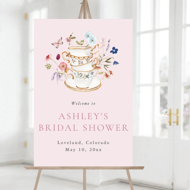 Möhippa Tea VälkomstPoster Poster (Floral Pink Bridal Tea Welcome Poster with Butterfly by Painted Paperie
)