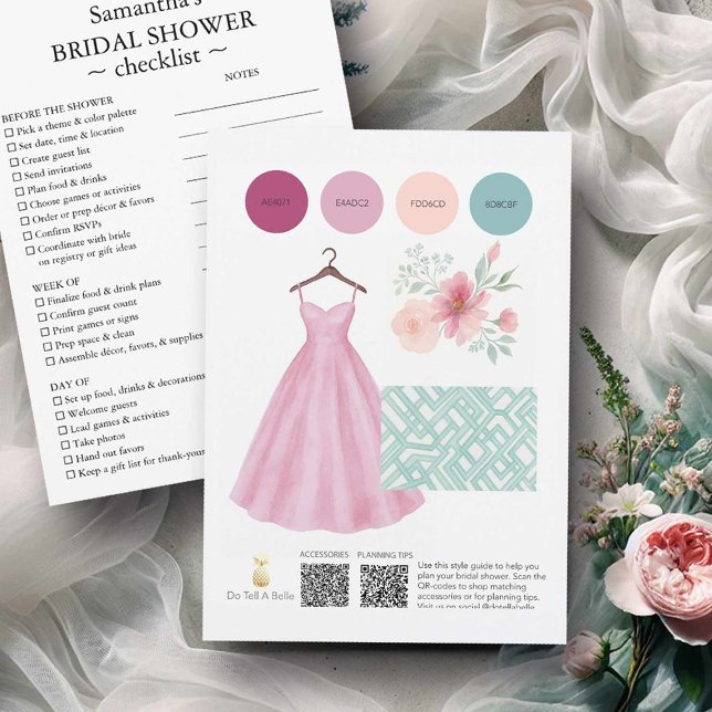 Möhippa Teman Rosa och försäljning av Blue Garden Inbjudningar (Bridal shower planning guide and checklist pink and sage by Victoria Grigaliunas of Do Tell A Belle)