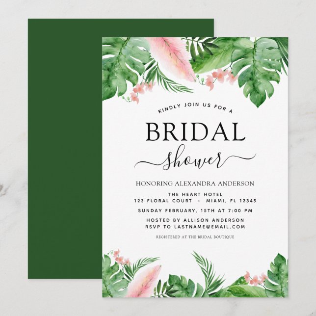 Möhippa Tropical Handflatan Blommigt Watercolor Inbjudningar (Fram/baksida)