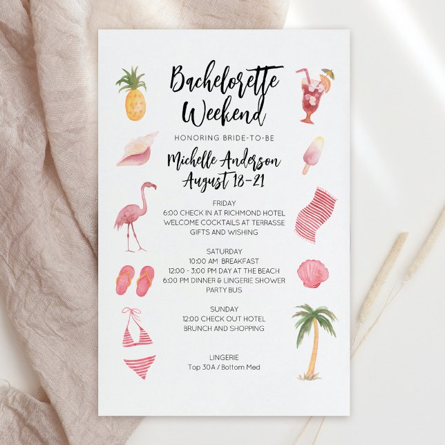 Möhippa Veckoschema Vattenfärg Strand (Watercolor Beach Bachelorette Weekend Itinerary Invite)