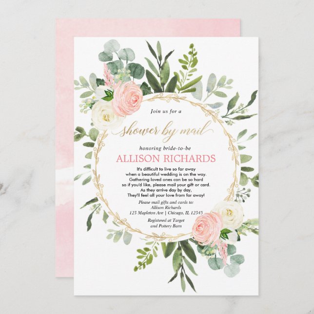 Möhippa via e-post rosa guld greenery elegant inbjudningar (Fram/baksida)