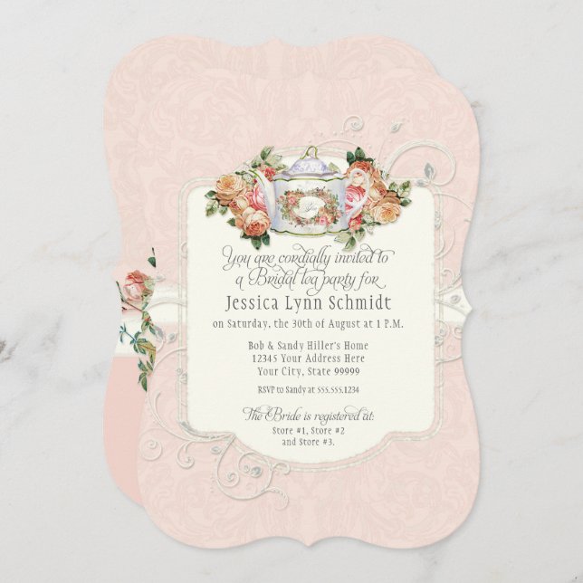 Möhippa Vintage Elegant Ro Blommigt Shaped Inbjudningar (Fram/baksida)