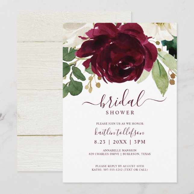 Möhippa Watercolor Bouquet Burgundy Vin Inbjudningar (Fram/baksida)