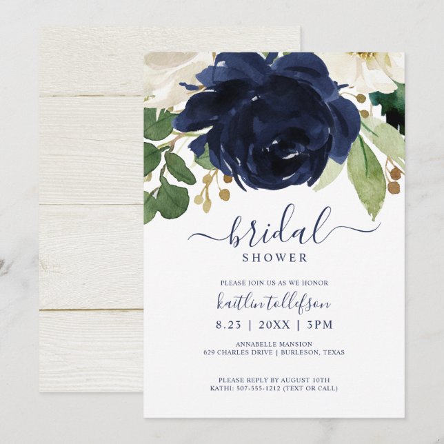Möhippa Watercolor Bouquet Navy Blue Inbjudningar (Fram/baksida)