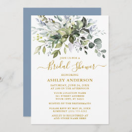 Möhippa Watercolor Greenery Dusty Blue Guld Inbjudningar