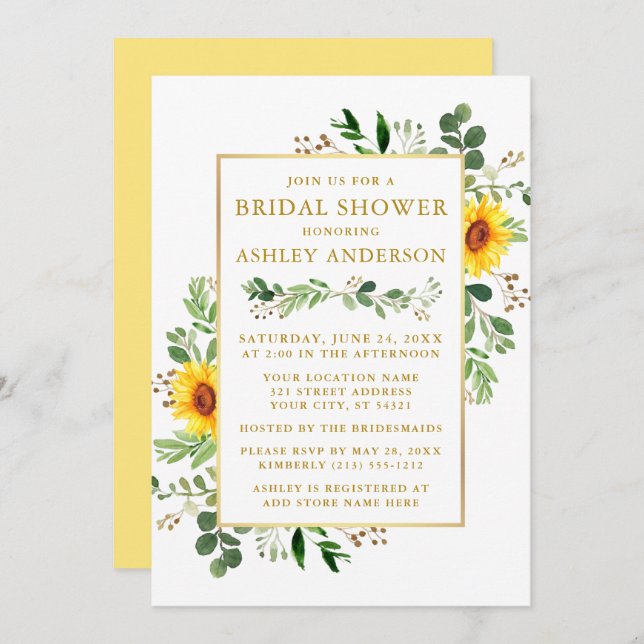 Möhippa Watercolor Greenery Sunwers Guld Inbjudningar (Fram/baksida)