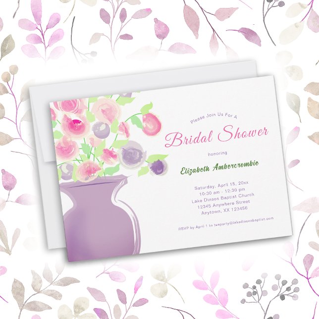 Möhippa Watercolor Lila Rosa Blommigt Vas Inbjudningar (Pink and Purple Watercolor Floral Bridal Shower Invitation.)