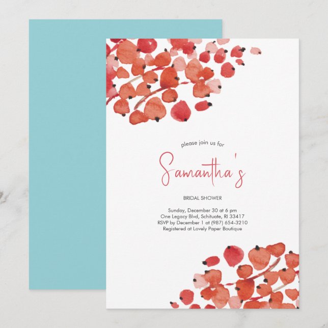 Möhippa Watercolor Red Berries Julfest Inbjudningar (Fram/baksida)