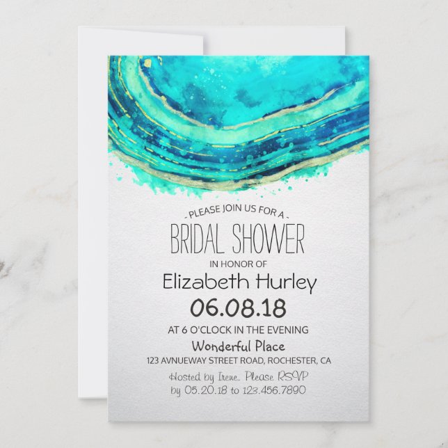 Möhippa Watercolor Teal & Guld Agate Geode Inbjudningar (Framsida)