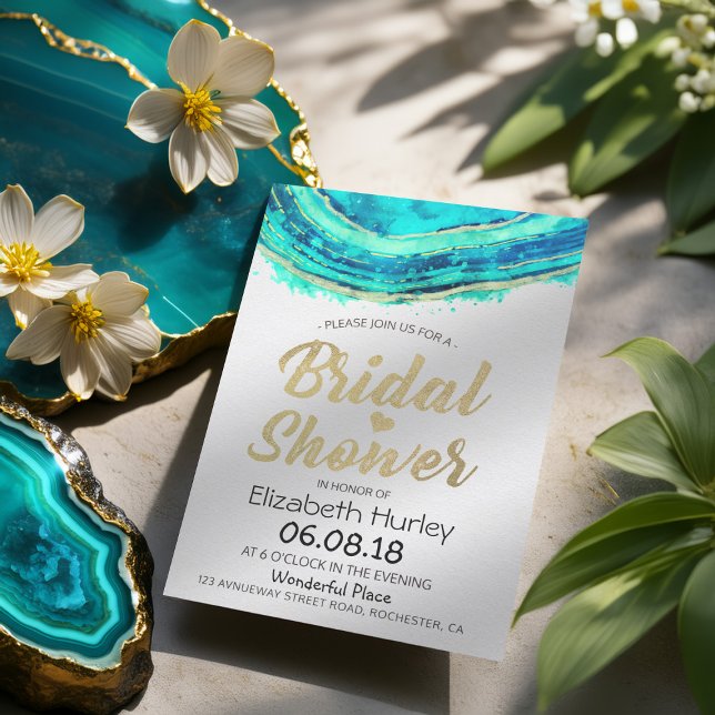 Möhippa Watercolor Teal & Guld Agate Geode Inbjudningar (Skapare uppladdad)