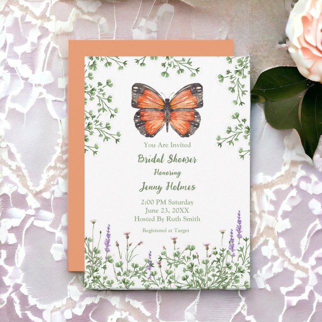 Möhippa Wildblomme Orange Butterfly Greenery Inbjudningar (Pretty and fresh design. Bridal Shower Party Invitations.)