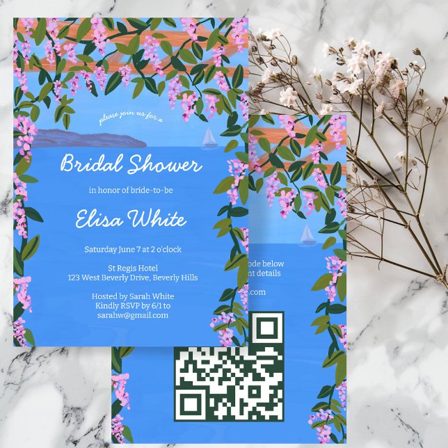 Möhippan ANPASSNINGSBAR av Sea View Wisteria Elega Inbjudningar (Sea View Wisteria Vines Floral Sailboat Elegant Bridal Shower CUSTOM QR Code Party Invitation
)