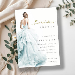 Möhippan Aqua Blue Watercolor Bröllop Gown Inbjudningar