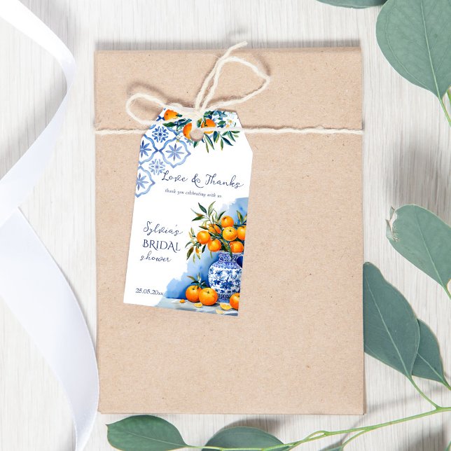 Möhippan av citrusfrukter av släktet Talavera Presentetikett (Talavera blue ornages citrus Mexican Hacienda summer bridal shower thank you favor gift tags)