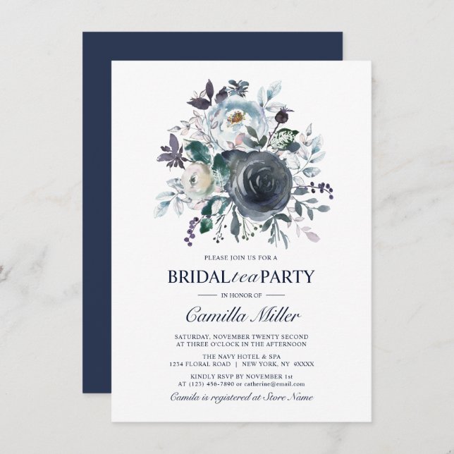 Möhippan  av vattenfärgen Dusty Blue Navy Blommigt Inbjudningar (Fram/baksida)