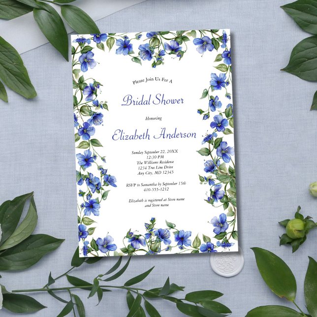 Möhippan Blå Wildblommor Watercolor Elegant Inbjudningar (Blue Wildflowers Morning Glories Watercolor Bridal Shower invitation, Digital or Printed.)