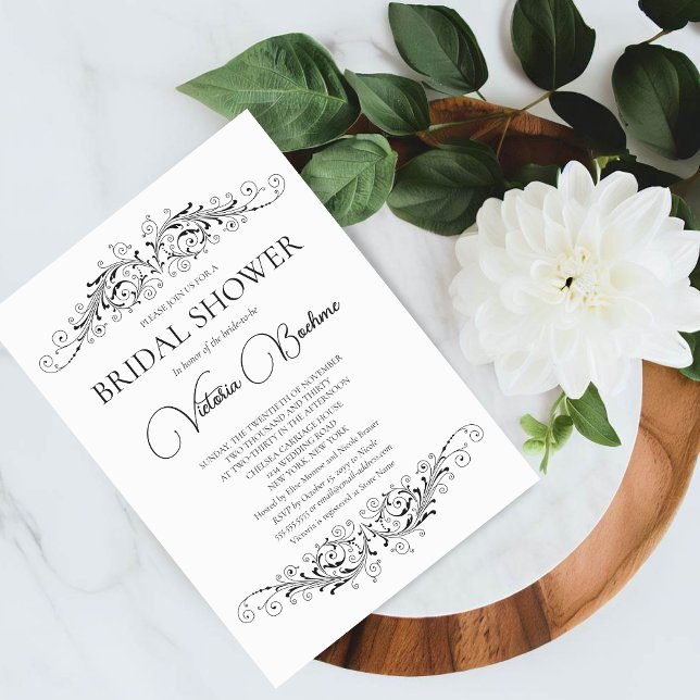Möhippan Black and White Flourish Elegance Inbjudningar (Celebrate a bridal shower with the bride-to-be by inviting guests with this black and white invite.)