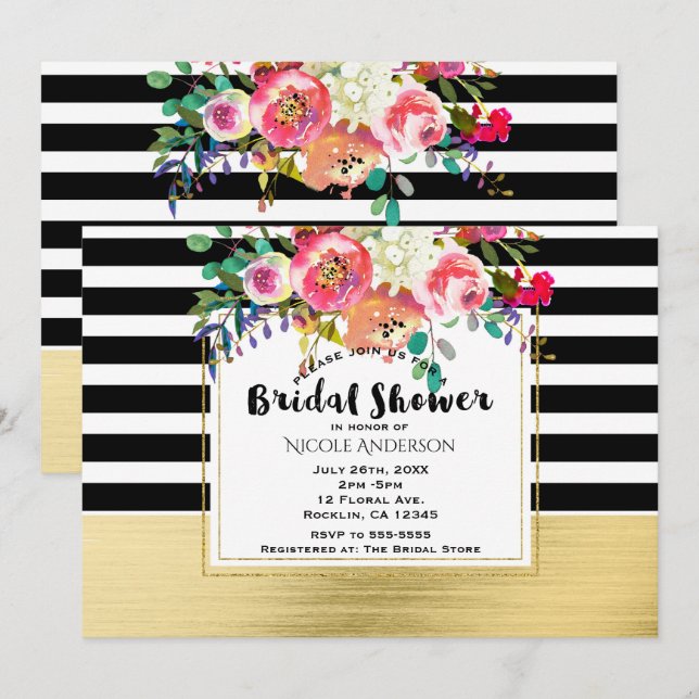 Möhippan Black White Guld Modern Blommigt Glam Inbjudningar (Fram/baksida)