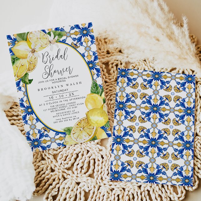 Möhippan Blått Gult, platta, citron Inbjudningar (Blue and Yellow Lemon Bridal Shower Invitation Template easy to edit designed by Fig tree Design.)