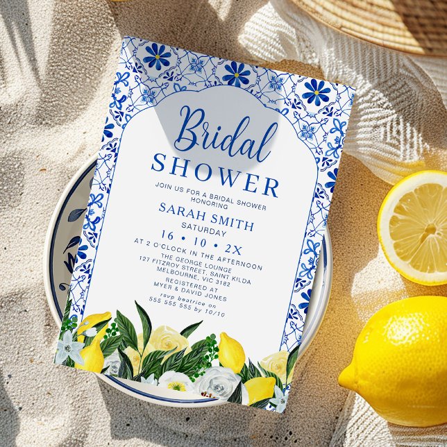 Möhippan blommigt Blue White Tile Lemon Inbjudningar (Lemon Positano Bridal Shower Invitation Template, Italian Blue Tile Lemon Bridal Shower Invite, )