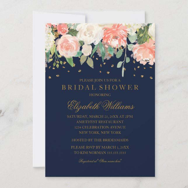 Möhippan blommigt Glitter Sparkling Peach Navy Inbjudningar (Framsida)