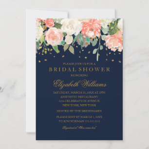 Möhippan blommigt Glitter Sparkling Peach Navy Inbjudningar