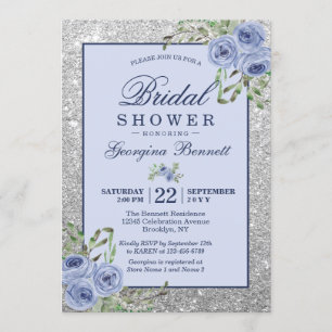 Möhippan blommigt Navy Blue Silver Sparkles Inbjudningar