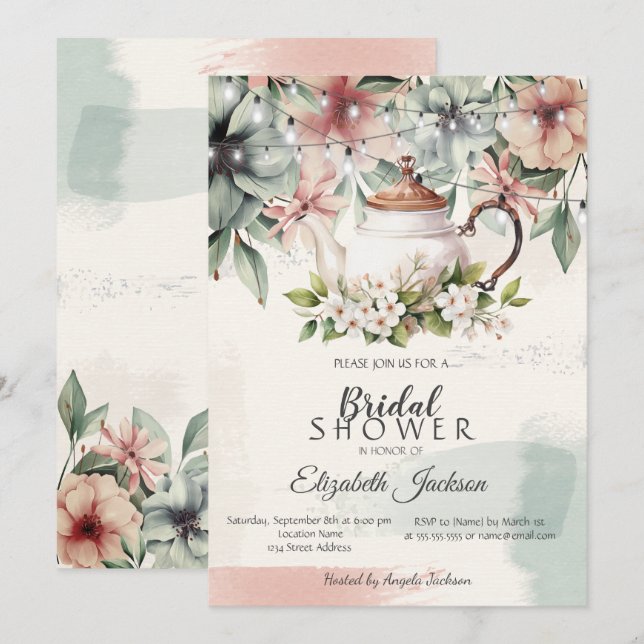 Möhippan blommigt Tea CupPush Stroke Inbjudningar (Fram/baksida)