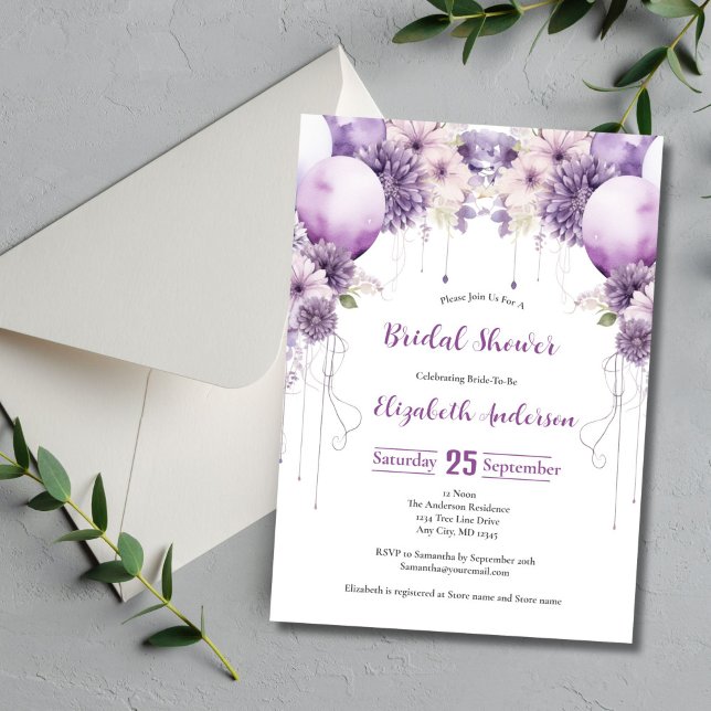 Möhippan Blommigtar för vattenfärgsfärger i lila  Inbjudningar (Purple Balloons and Flowers Arch Bridal Shower Invitation. Watercolor Elegant)
