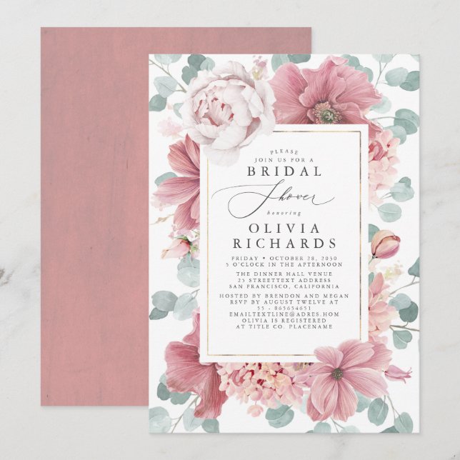 Möhippan Blommigten Grey och Dusty Ro Inbjudningar (Fram/baksida)