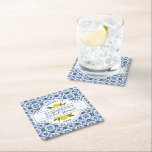 Möhippan Blue Tile i Medelhavet Underlägg Papper Kvadrat<br><div class="desc">Söt citron och italiensk möhippa för blå bricka bröllop kan kyla. Anpassa dem till briderna namn för möhippa- eller bachelorettpartiet. Perfekt för din citrontematerade möhippa. Designad av Blackberry Boulevard.</div>
