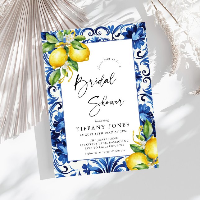 Möhippan Blue Tiles Lemons (medelhavsblåa plattor) Inbjudningar (Skapare uppladdad)