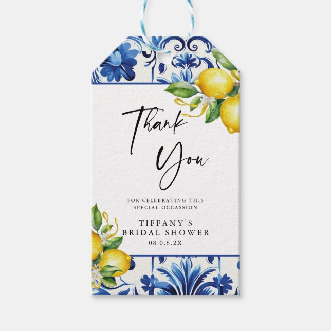 Möhippan Blue Tiles Lemons (medelhavsblåa plattor) Presentetikett (Framsidan)